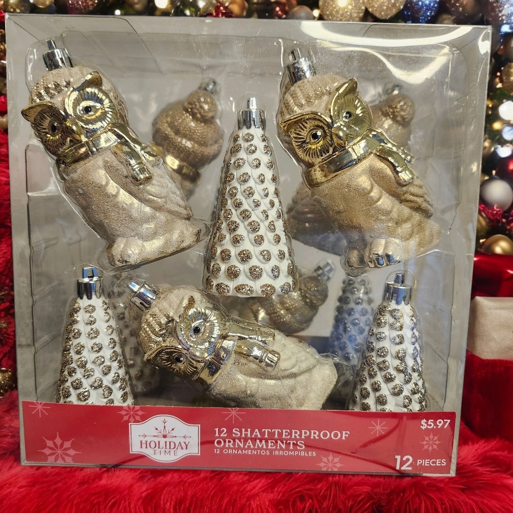 Holiday Time Owl 12 Shatterproof Ornaments Owls & Trees